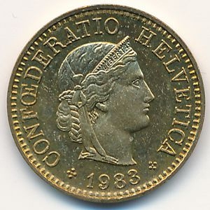 Монета 5 раппенов. 1983г. Швейцария. (F)