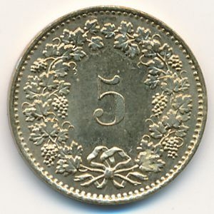 Монета 5 раппенов. 1991г. Швейцария. (F)