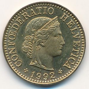 Монета 5 раппенов. 1992г. Швейцария. (F)