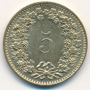 Монета 5 раппенов. 2010г. Швейцария. (F)