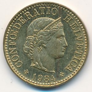 Монета 5 раппенов. 1984г. Швейцария. (F)