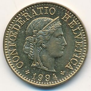 Монета 5 раппенов. 1994г. Швейцария. (F)