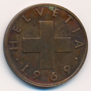 Монета 2 раппена. 1969г. Швейцария. (F)
