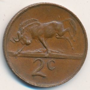 Монета 2 цента. 1970г. ЮАР. Белохвостый гну. (F)